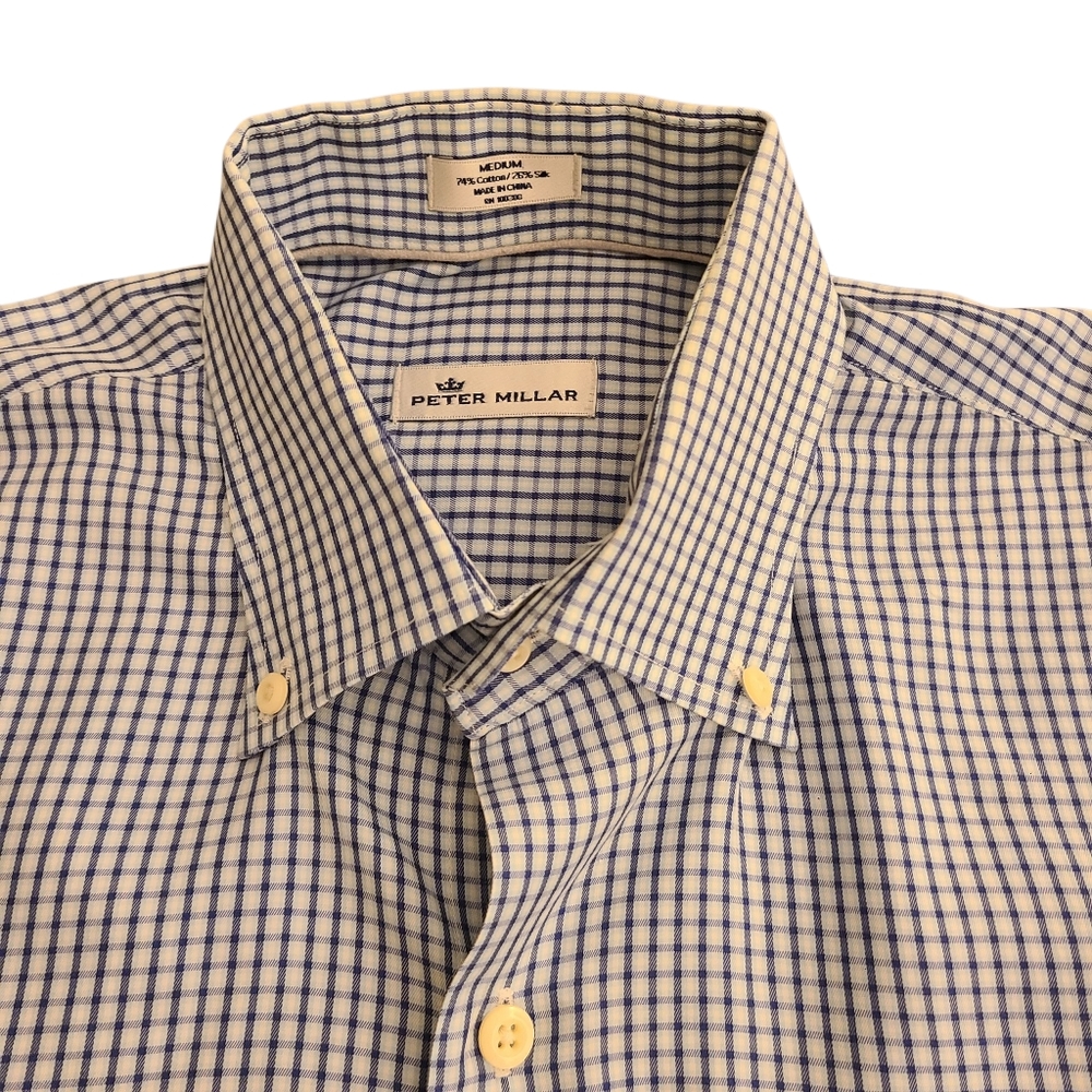 Peter Millar Men's Medium Navy And Light Blue Plaid Button Up Long Sleeve Shirt